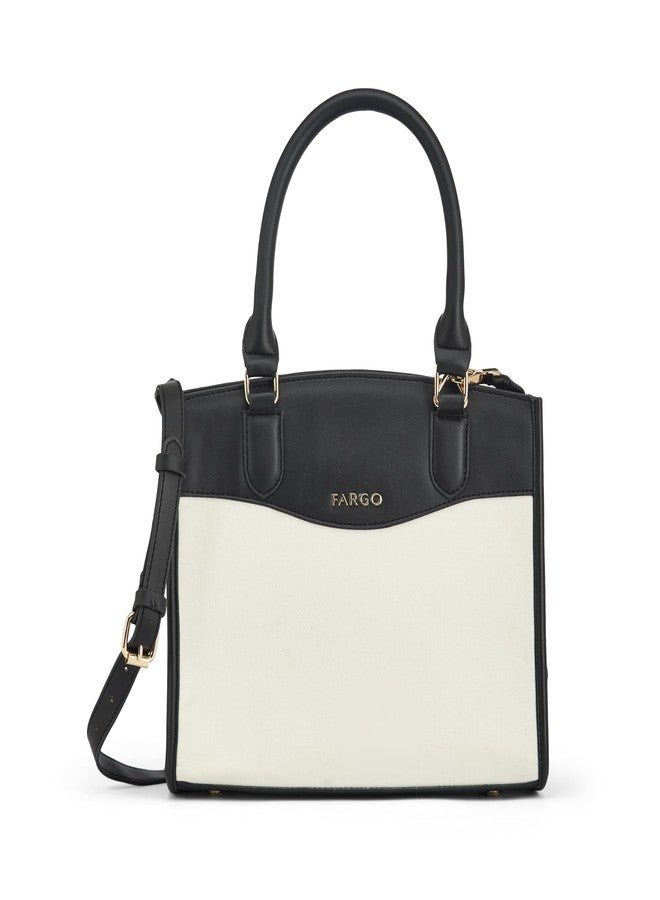 Fargo Emma Handbag for Women | Ivory Canvas & Black Vegan Leather Contrast | RFID Pockets, Dual Handles, YKK Zip, Premium Finish | Stylish Office & Travel Bag | Made in India - Image 1